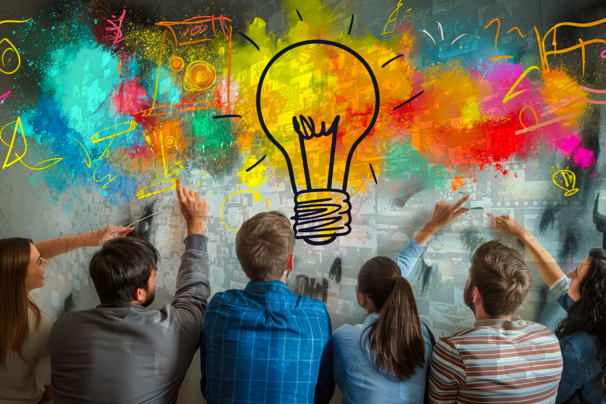 A collaborative team engagement in a strategic 'War Room' setting, featuring a group deconstructing a wall of multimedia data and vibrant concepts under a central glowing lightbulb icon, representing BeeZee Vision’s COA 2b forensic reconstruction and high-stakes mission design. Alt Text (Spanish): Una sesión colaborativa en un entorno de 'War Room' estratégico, que muestra a un grupo deconstruyendo una pared de datos multimedia y conceptos vibrantes bajo un ícono central de bombilla brillante, representando la reconstrucción forense y el diseño de misiones de alto nivel de COA 2b de BeeZee Vision.