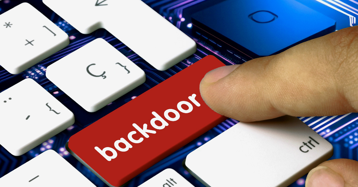 A conceptual high-tech composite for BZV featuring a translucent human hand interacting with a glowing digital lock. Behind the lock, a circuit board grid is visible, symbolizing a software 'backdoor'—the invisible entry point into a secured system.