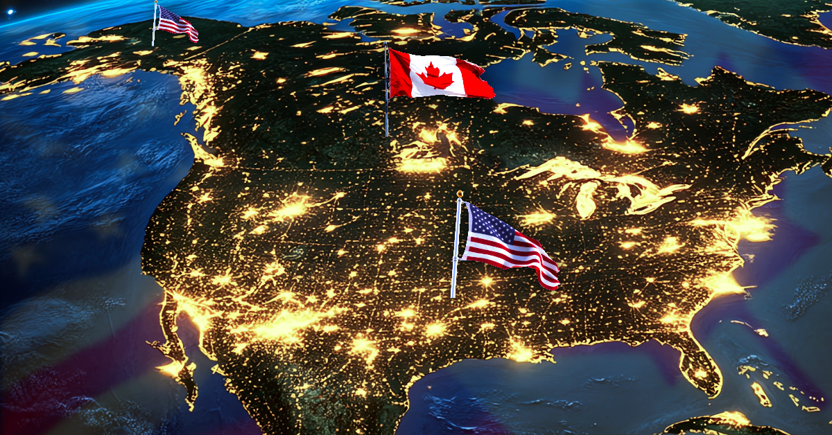 A satellite-style night map of North America where the border between the U.S. and Canada is depicted as a jagged, glowing fracture. The "Fortress North America" aesthetic highlights the proximity of major Canadian population centers to the U.S. border, emphasizing the strategic vulnerability of both nations if the 1940 Ogdensburg Agreement is ignored in favor of forced annexation or aggressive tariffs.