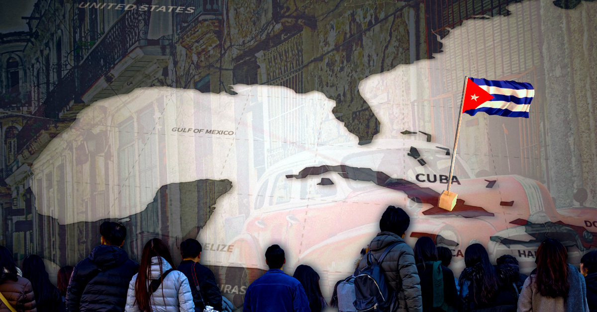 A cinematic, forensic-style graphic showing a group of people in silhouette standing on the Cuban coast, looking across the dark, turbulent waters of the Florida Straits toward the faint glow of the Florida horizon. In the background, a faint, translucent overlay depicts the 'time capsule' reality of Havana: crumbling colonial architecture and a 1950s-era American car, symbolizing an island frozen in time. The map of the straits is centered between the two landmasses, emphasizing the proximity of the conflict. The composition highlights the 'human factor'—the feeling of being a helpless observer to a geopolitical storm that is only 90 miles away. The tone is somber and forensic, capturing the weight of sixty years of isolation.