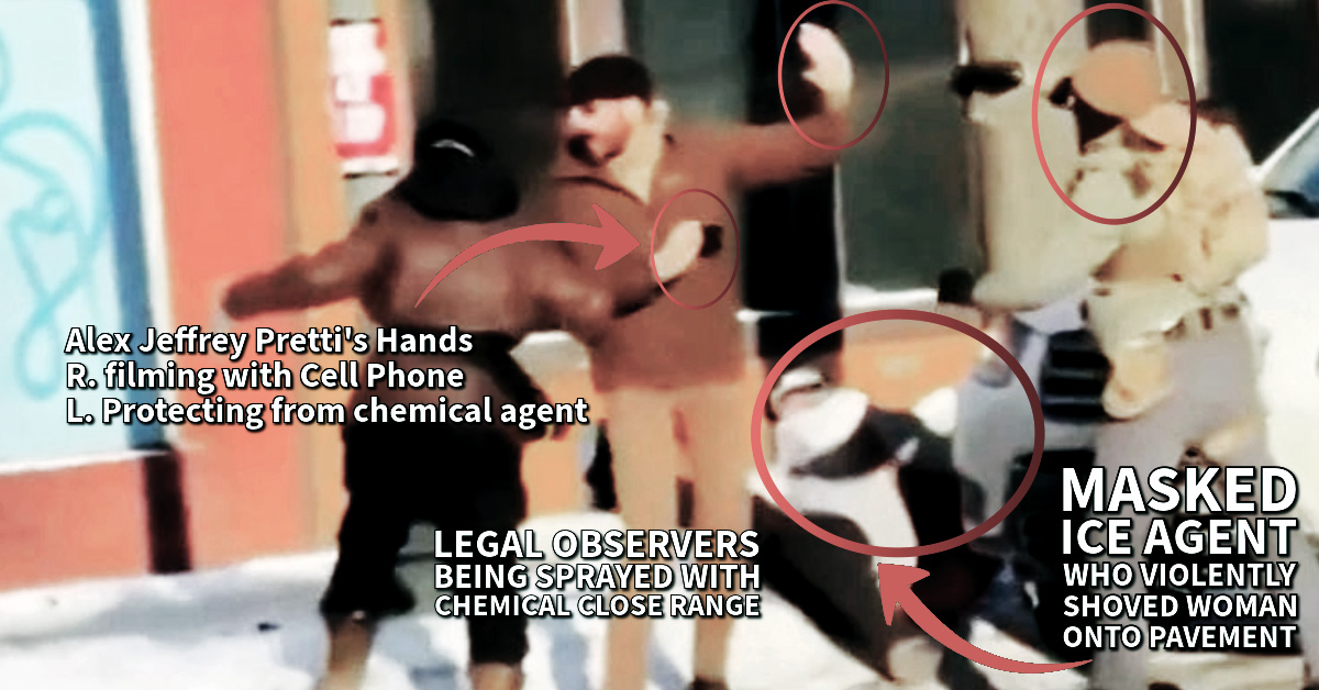 A forensic digital composition for BZV showing the escalation of force by federal ICE agents against Alex Pretti. The image captures the aggressive posture of the primary agent during the initial confrontation, followed by the swarm and pinning of the victim to the ground. The visual contrast highlights the shift from a non-violent observation to a brutalized state, serving as evidence of the 'Intent' leg within the Deadly Force Triangle.