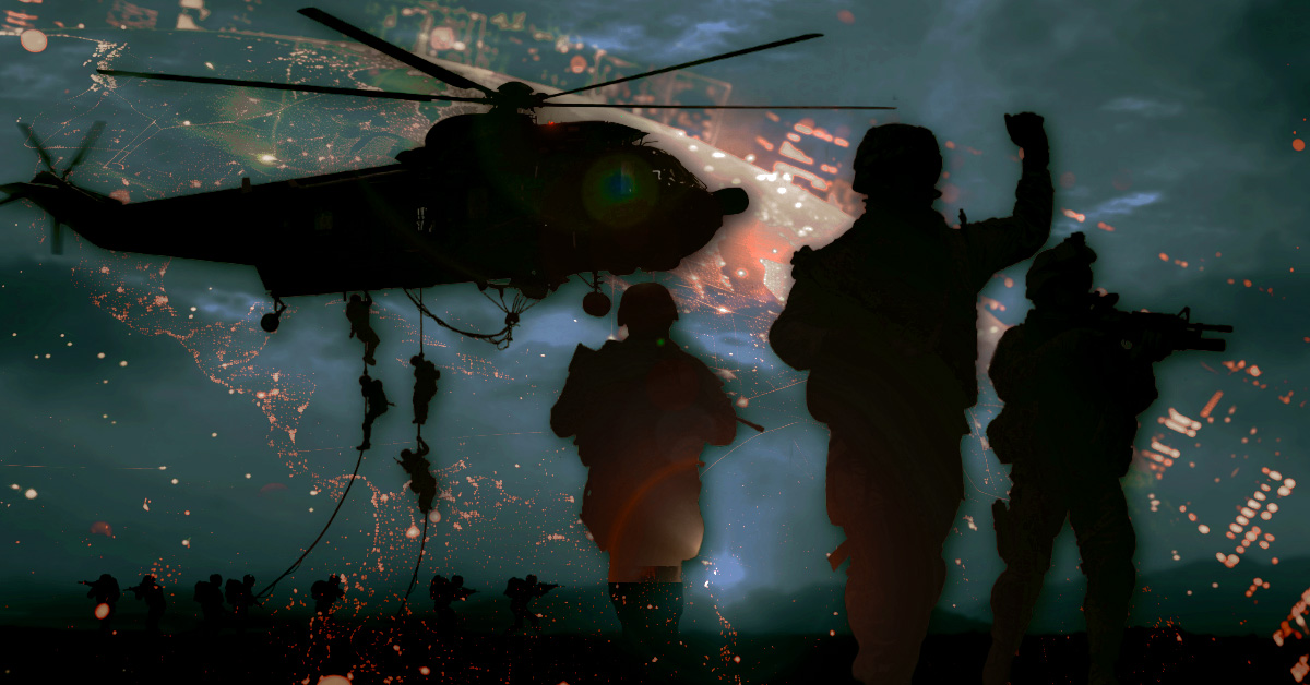 Silhouette of elite military operators and a helicopter fast-roping during a night extraction, overlaid with a glowing global network map illustrating the 2026 Extraction Doctrine and geopolitical intelligence analysis.