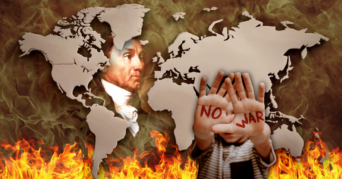 A powerful conceptual graphic of a world map where the oceans are engulfed in bright orange and red flames, symbolizing global instability. In the foreground, a child’s hands are raised in a plea for peace, with the words "NO WAR" written clearly across the palms. The image serves as a stark warning of the humanitarian consequences of the 2026 expansionist policies and the fracturing of international sovereignty.