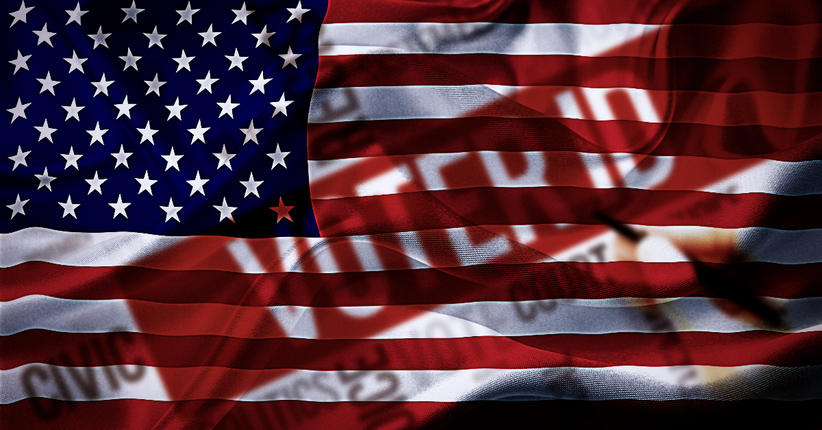 A digitally textured, rippled American flag background with semi-transparent, ghosted text overlays that include the words 'VOTER ID' and 'CIVIC,' conveying a tone of serious political and policy analysis.