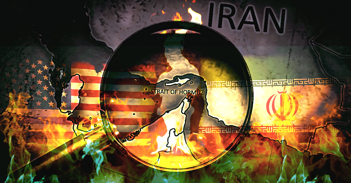 A strategic graphic featuring a magnifying glass focused on the Strait of Hormuz, overlaid with the flags of the United States and Iran and engulfed in flames, symbolizing the geopolitical tension and escalation of the 2026 conflict.