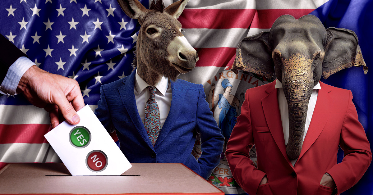 An editorial illustration representing the Virginia redistricting referendum. The donkey and elephant symbols of the Democratic and Republican parties stand before the Virginia flag, highlighting the partisan stakes of the vote. A ballot is being cast with clear "YES" and "NO" options, symbolizing the choice Virginians face in the national redistricting arms race.