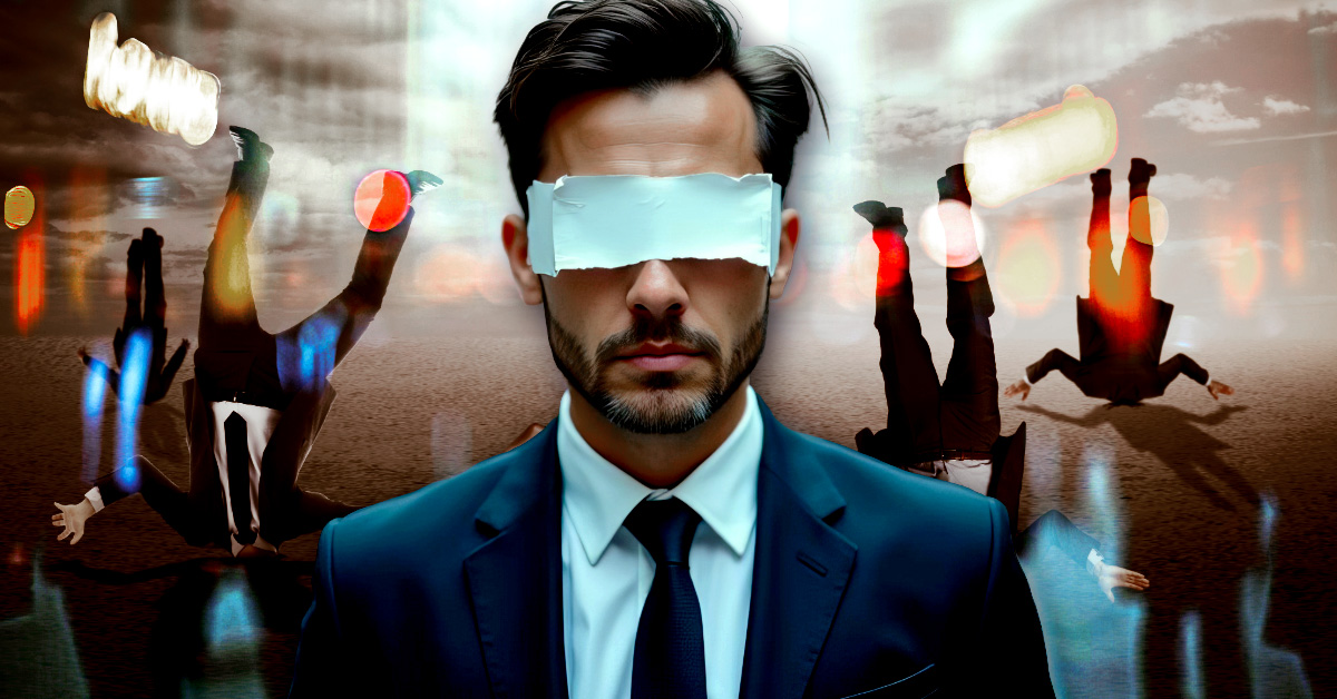 A surreal digital composition featuring a man in a sharp blue suit with a white strip of tape covering his eyes, symbolizing blindness to reality. In the background, multiple figures in business attire are shown falling or suspended upside down in a dark, hazy void filled with glowing, blurred light orbs. The image visually represents the disorientation and loss of balance caused by willful ignorance and social tribalism.